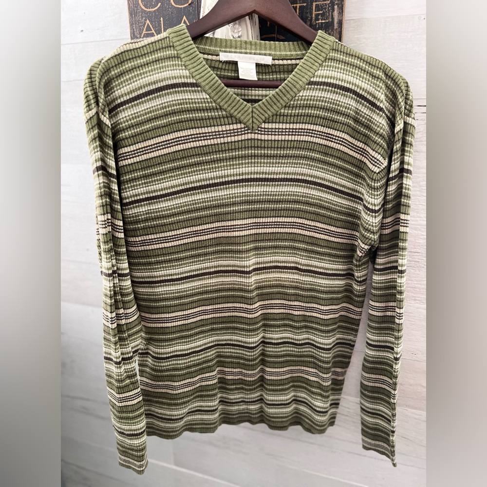 Perry Ellis Olive Striped V-Neck Sweater
